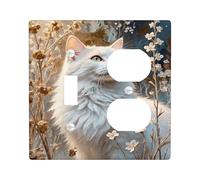 Floral Cat Light Switch Cover Plates/Outlet Covers, Soft White Fur and Flowers for Home Decor, Thermoplastic Wall Plates, Standard Size Toggle Duplex