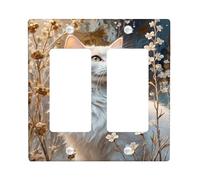 Floral Cat Light Switch Cover Plates/Outlet Covers, Soft White Fur and Flowers for Home Decor, Thermoplastic Wall Plates, Standard Size Double Rocker