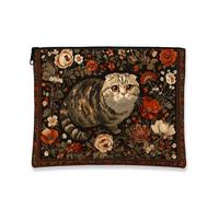 Floral Cat Makeup Bag, Vintage Botanical Design Cosmetic Travel Pouch for Women, Portable Small Canvas Zipper Organizer, Perfect Choice for Festivals and Seasonal Events, Black, 7x9 Inch, Cat