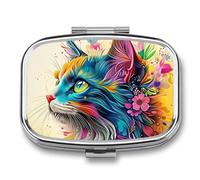 Floral Cat Metal Pill Organizer Case, 2-Compartment Travel Pill Box, Portable Pocket Pill Container with Secure Closure, Small Medication Holder for Men Women Seniors, Giftable