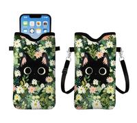 Floral Cat Neoprene Cell Phone Sleeve Pouch Case Bag for Women, Lightweight Sleeve with Crossbody Strap Neck Lanyard, Aesthetic Cat Cell Phone Bag Gifts for Christmas Birthday 7.1 X 3.9 inch - Green
