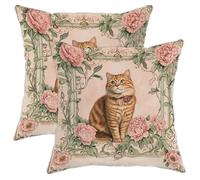 Floral Cat Pillow Covers Set of 2, Peach Peach Ginger Tabby Cat Throw Pillow Cases, Vintage Decorative Square Home Decor Cushion Covers for Living Room Sofa Bed Couch 16x16 Inch