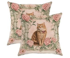 Floral Cat Pillow Covers Set of 2, Peach Peach Ginger Tabby Cat Throw Pillow Cases, Vintage Decorative Square Home Decor Cushion Covers for Living Room Sofa Bed Couch 16x16 Inch