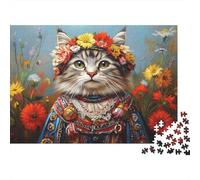 Floral Cat Portrait 1000 Pieces Extra-Thick Cardboard DIY Jigsaw Puzzle, Cognitive Development & Rehabilitation Puzzle, Leisure Activity, Premium Quality Puzzle 38x26cm/1000pcs
