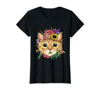 Floral Cat Spring Nature Cat Lovers Value Graphic T-Shirt, Women, Black, S