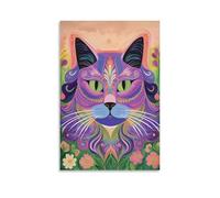 Floral Cat Wall Art in Boho Style Elegant Purple Kitty Poster with Decorative Botanical Patterns Whimsical Animal Canvas for Living Room Or Girl’s Room Décor Gift 20x30inch Unframe