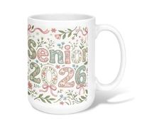 Floral Ceramic Coffee Mug, Elegant Fanciful Ribbon Number Spring Pastel Green Novelty Tea Mug with Handle Ideal for Friends Family Lovers Eldership Senior Co-Worker 15 Oz