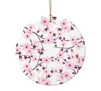 Floral Cherry Blossom Pink White Christmas Tree Ornaments - Round Ceramic Decor, Holiday Hanging Decorations, Xmas Gifts 9cm