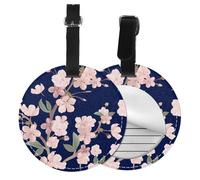 Floral Cherry Flower Sakura Navy Blue,Luggage Tags Pu Leather Name Tag Travel Suitcase Identifier ID Tags Durable Baggage Label 2 pcs
