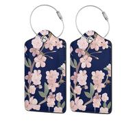 Floral Cherry Flower Sakura Navy Blue,Luggage Tags Pu Leather Name Tag Travel Suitcase Identifier ID Tags Durable Luggage Label 2 pcs