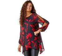 Roman Originals Floral Chiffon Layered Tunic Top for Women UK - Ladies Everyday Autumn Winter Round Neckline Comfy Soft Evening Vacation Work Party Night Out - Red - Size 20