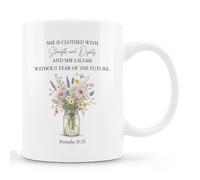 Floral Christian Mug Coffee Cup Ceramic 11oz | She is Clothed in Strength and Dignity Bible Verse Religious Ceramic Coffee Tea Mug