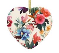 Floral Christmas Ceramic Heart Ornament, Double-Sided Printed Ceramic Hanging Decoration With Golden String, Holiday Tree Ornament