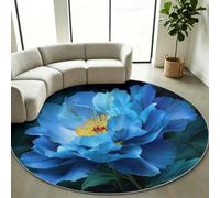 Floral Circle Area Rug 180 cm, Washable Non-Slip Blue Peony Carpet | Noise Dampening Insulating Circular Mat, Spill Resistant Stain Repellent Area Rug for Under Coffee Table & Lounge
