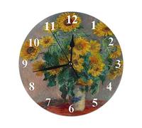 Floral Clock Claude Monet Oil Painting Bouquet of Sunflowers Round Wall Clock 10 Inch Silent Non Ticking Hanging Clock for Home Decor Living Room Kitchen Bedroom Office Yellow Green Red