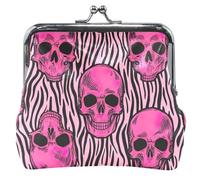 Floral Coin Purse for Men Women Leather Kiss Lock Funny Pink Skulls Zebra Stripes Card Change Purse Wallet, Funny Pink Skulls Zebra Stripes, Classic