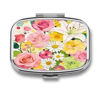 Floral Collage Pill Case 2 Compartment Small Pill Box Metal Portable Medicine Box Mini Medication Organizer Storage Travel Organizer for Pocket Purse