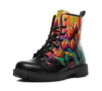 Floral Combat Boots for Women - Trendy Mid-Top Boots with Vibrant Art Print for Fall & Winter, Waterproof & Slip-Resistant