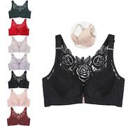 Floral Comfort Rose Bra - Front Closure Lace Comfy No Wire Bra, Comfortable Push Up (Black, 40/90D)