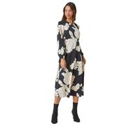 Roman Floral Contrast Print Midi Dress for Women UK - Ladies Autumn Everyday Winter Holiday Round Neckline Comfy Long Sleeve Soft Fit & Flare Frock Dinner Date Gowns - Black - Size 12