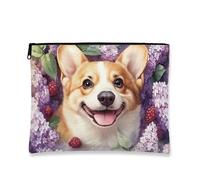 Floral Corgi Makeup Bag, Cute Dog Pattern Cosmetic Travel Pouch for Women, Portable Canvas Zipper Organizer, Spring Skincare Toiletry Bag, Violet, 7x9 Inch, Corgi