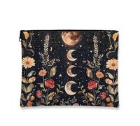 Floral Cosmetic Bag, Black Moon and Flowers Vintage Travel Pouch for Women, Portable Small Canvas Zipper Organizer, Festival Gift Skincare Toiletry Bag, Black, 7x9 Inch, Moon