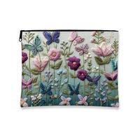 Floral Cosmetic Bag, Embroidered Butterfly Garden Makeup Travel Pouch for Women, Portable Canvas Zipper Organizer, Spring Festival Skincare Toiletry Bag, Multicolor, 7x9 Inch, Butterfly