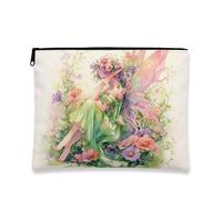 Floral Cosmetic Bag, Enchanting Fairy Garden Print Travel Pouch for Women, Portable Small Canvas Zipper Organizer, Spring Gift Makeup Toiletry Bag, Ideal for Festivals, Green, 7x9 Inch, Fairy Garden