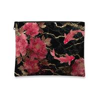Floral Cosmetic Bag, Red Carp Fish and Peony Summer Makeup Pouch for Women, Portable Small Zipper Travel Organizer, Perfect Choice for Spring Festivals, Red, 7x9 Inch, Carp Fish and Peony