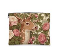 Floral Cosmetic Bag, Rose Vintage Woodland Travel Makeup Pouch for Women, Small Canvas Zipper Organizer, Spring Gift Toiletry Skincare Bag, Rose, 7x9 Inch, Deer