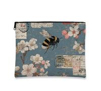 Floral Cosmetic Bag, Vintage Bee and Blossom Pattern Travel Makeup Pouch for Women, Portable Small Zipper Organizer, Perfect for Spring Gifts and Toiletry Storage, blue, 7x9 Inch, Bee and Flowers