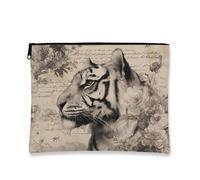 Floral Cosmetic Bag, Vintage Botanical Tiger Design Travel Pouch for Women, Portable Small Canvas Zipper Case, Gift for Festivals and Skincare Organizing, Beige, 7x9 Inch, Tiger