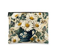 Floral Cosmetic Bag, Vintage Daisy Print Travel Makeup Organizer for Women, Portable Small Canvas Zipper Pouch, Summer Festival Gift Toiletry Bag, White, 7x9 Inch