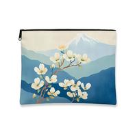 Floral Cosmetic Bag, White Blossom Vintage Mountain Travel Pouches for Women, Small Portable Canvas Zipper Organizer, Gift for Spring Festival, white, 7x9 Inch, Blossom