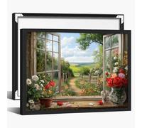 Floral Cottage Window View Canvas Wall Art, Country Landscape Painting, Rustic Farmhouse Print, Framed Nature Artwork for Living Room or Bedroom Decor 40x50cm Black Frame