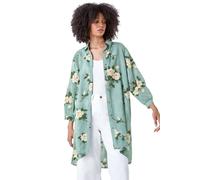 Roman Floral Cotton Blend Longline Shirt for Women UK - Ladies Spring Everyday Summer Holiday Classic Collar Comfy 3/4 Sleeve Soft Button Down Blouse Vacation Tops - Sage - Size 20