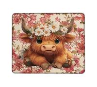 Floral Cow Design Mouse Pad, Cute Orange Highland Cattle with Daisy Royal, Non-Slip Washable Mousepad for Spring Office and Home Use Square11.8 x9.8