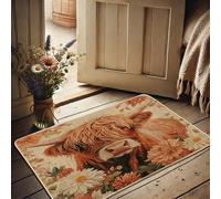 Floral Cow Doormat, Brown Highland Cattle Door Mat for Spring Indoor & Outdoor Decor, Non-Slip Dust Absorbent Entrance Mat, Easy to Clean 29x17 Inch