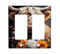 Floral Cow Light Switch Cover Plate/Outlet Covers, Orange and White Flowers for Rustic Decor, Thermoplastic Wall Plates, Standard Size Double Rocker