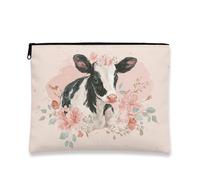 Floral Cow Makeup Bag, Vintage Botanical Cosmetic Travel Pouch for Women, Portable Small Canvas Zipper Organizer, Farmhouse Gift Skincare Toiletry Bag, Spring Festival Essentials, Peach, 7x9 Inch, Cow