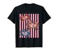Floral Crabs on Pink Stripes for Coastal Art Lovers T-Shirt