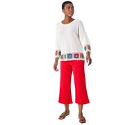 Roman Floral Crochet Hem Cotton Jumper for Women UK - Ladies Spring Everyday Summer Holiday Round Neckline Comfy 3/4 Sleeve Soft Relaxed Fit Top Sunny Beach Sweaters - Ivory - Size 14