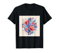 Floral Cross Christian Faith Red Lilies Blue Botanical T-Shirt