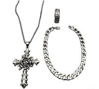 Floral Cross Jewellery Set Engraved Crown Ring Bracelet