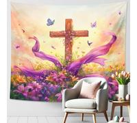 Floral Cross Violet Tapestry, Butterflies Spring Wall Hanging, Biblical Art for Living Room, Bedroom, Decorative Tapestry for Faith and Inspiration 60x50 Inch