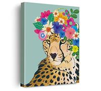 Floral Crown Cheetah Canvas Poster Painting Wall Art, Cheetah Picture Artwork Framed Print Ready to Hang for Home Living Room Bathroom Wall Decor 12 x 15 inch