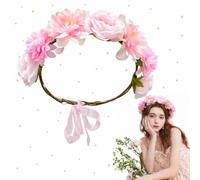 Floral Crown Headband, Artificial Rose Design, Summer Pink | Crafted from ABS plastic and silicone trim, lightweight and durable, adjustable ribbon ties. Use for weddings, festivals