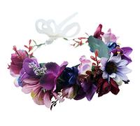 Floral Crown Headband Flower Garland Headband Hair Wreath Hair Garland Flower Halo Floral Headpiece Boho with Ribbon Wedding Party Festival Purple, One Size