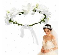 Floral Crown Headband For Women, Artificial Roses, Adjustable Ribbon Ties | 1-Pack, White Blossoms With Green Leafy Details, Lightweight Hair Accessory For Weddings, Festivals And Themed Events