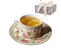 Floral Cup Saucer Set - 240Ml Glossy Coffee Mug, Artistic Petal Design Drink Set, Compact Table Accent Teaware | Charming Morning Beverage Companion For Kitchen Brunch Office Desk Celebration Sweet Tr